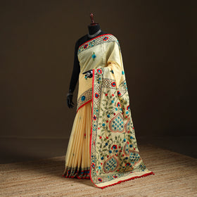 Yellow - Phulkari Hand Embroidery Chapa Work Chanderi Silk Saree 08