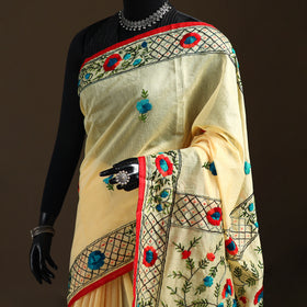 Yellow - Phulkari Hand Embroidery Chapa Work Chanderi Silk Saree 08