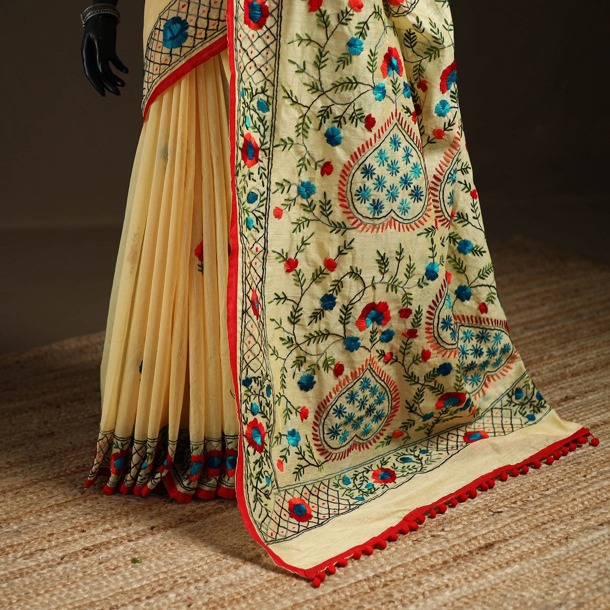 Yellow - Phulkari Hand Embroidery Chapa Work Chanderi Silk Saree 08