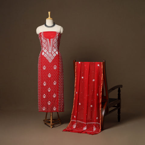 Red - 2pc mul chanderi semi stitched hand beads work heavy