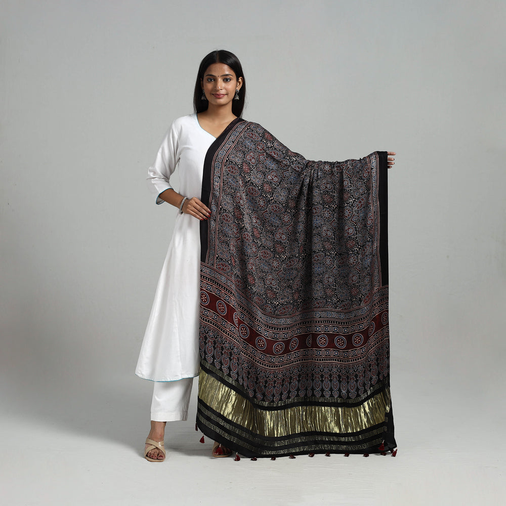 Black - Modal Silk Block Print Ajrakh Dupatta 03