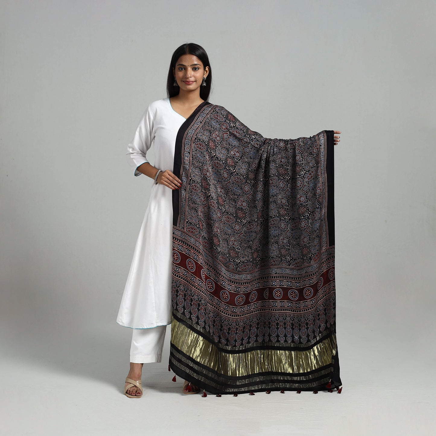 Black - Modal Silk Block Print Ajrakh Dupatta 03