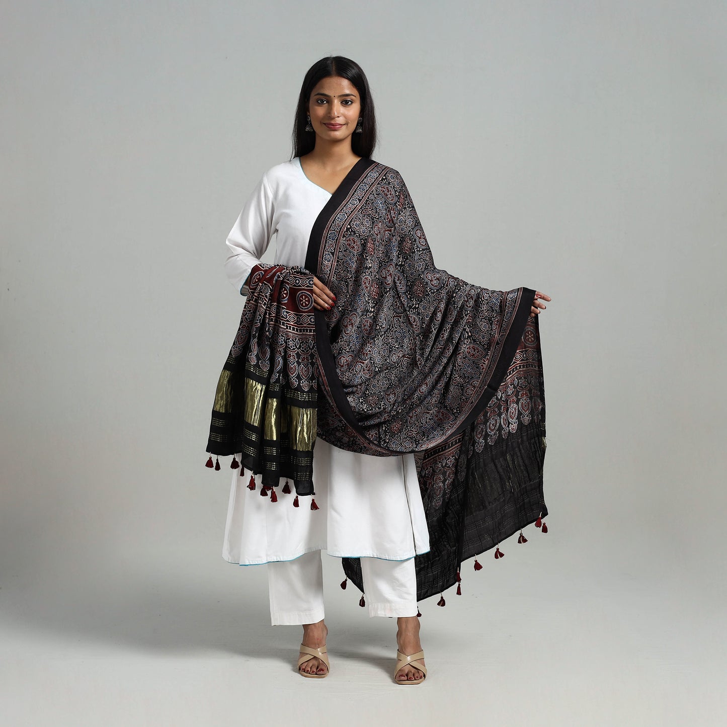 Black - Modal Silk Block Print Ajrakh Dupatta 03