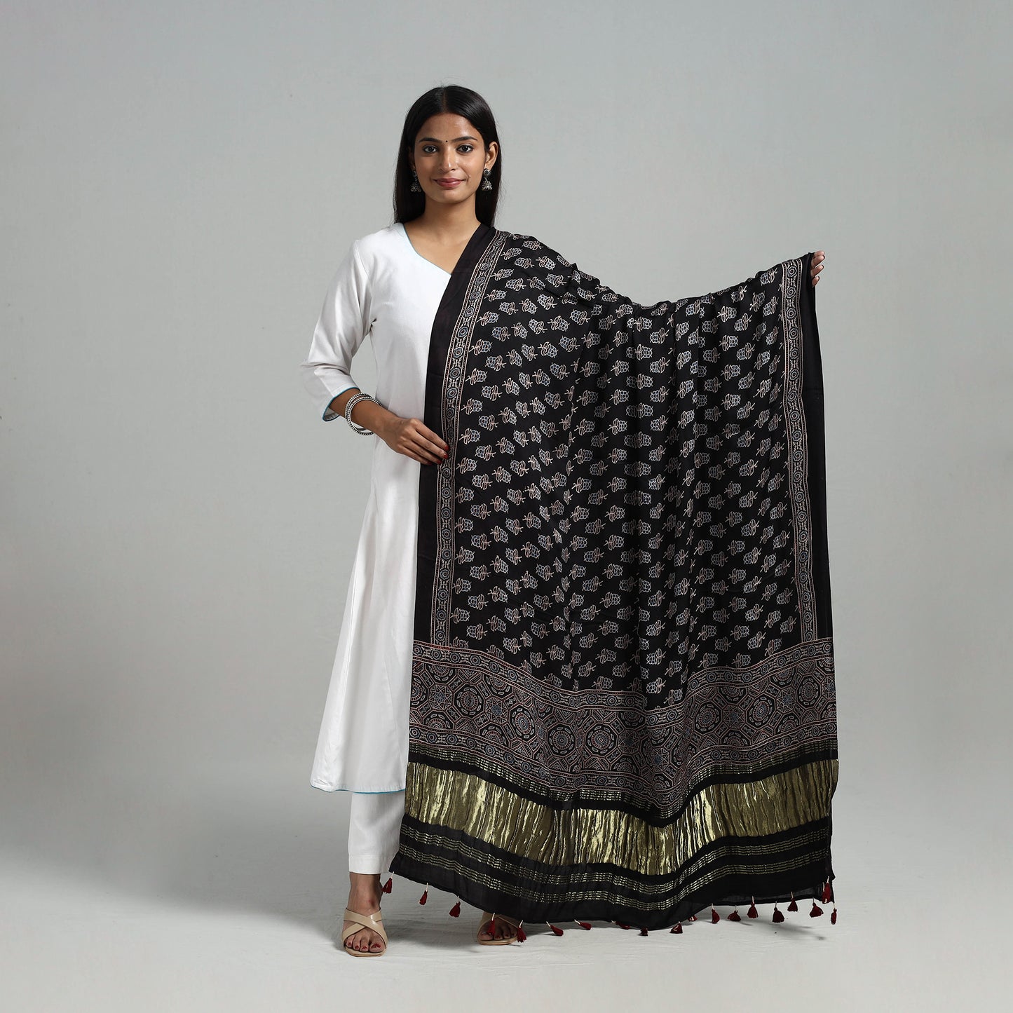 Black - Modal Silk Block Print Ajrakh Dupatta 01