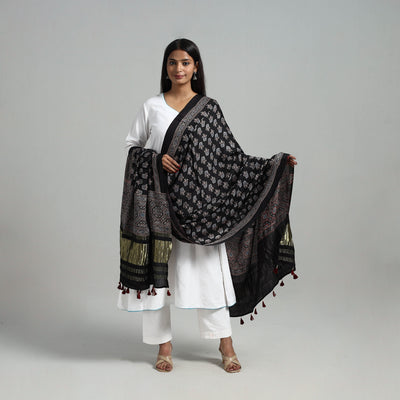 Black - Modal Silk Block Print Ajrakh Dupatta 01