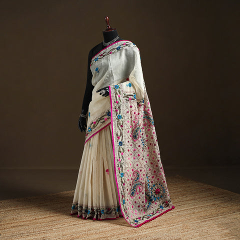 Beige - Phulkari Hand Embroidery Chapa Work Chanderi Silk Saree 10
