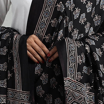 Black - Modal Silk Block Print Ajrakh Dupatta 01