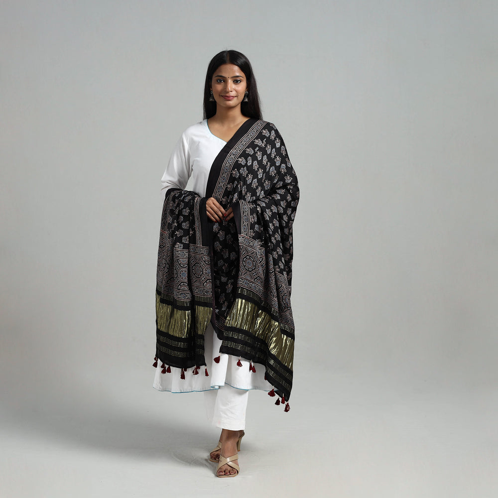 Black - Modal Silk Block Print Ajrakh Dupatta 01