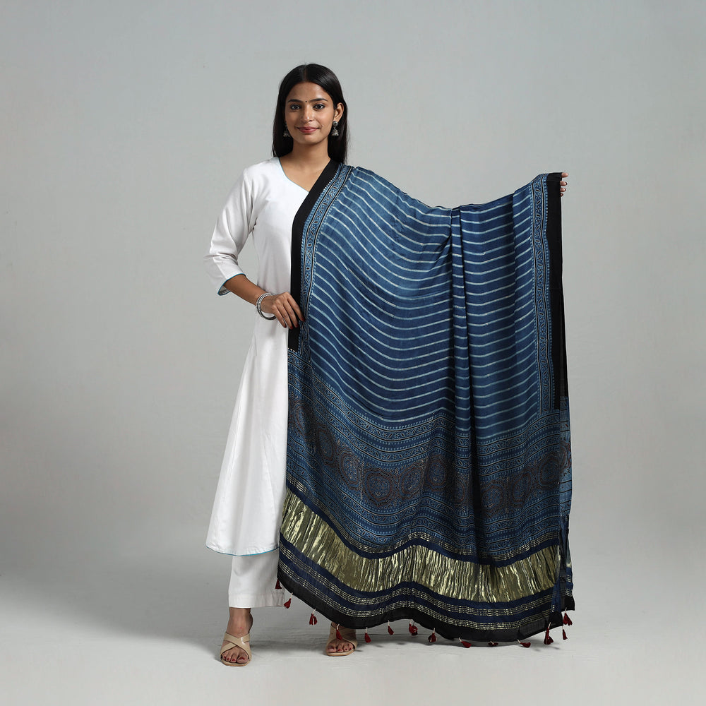 Blue - Modal Silk Block Print Ajrakh Dupatta 02