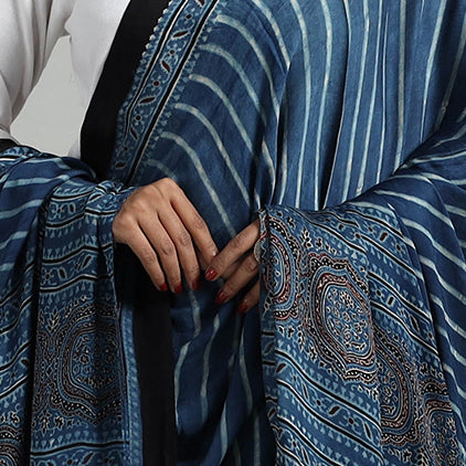 Blue - Modal Silk Block Print Ajrakh Dupatta 02