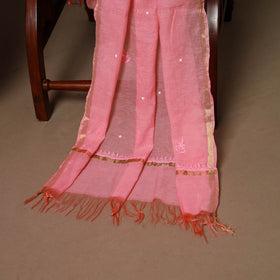 Pink - 3pc chanderi silk unstitched hand beads work heavy