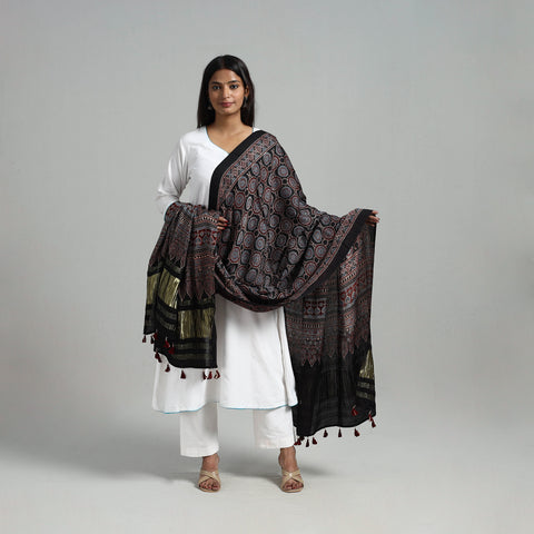 Black - Modal Silk Block Print Ajrakh Dupatta 04