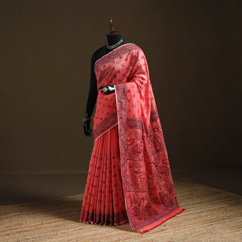 Pink - Phulkari Hand Embroidery Chapa Work Chanderi Silk Saree 11