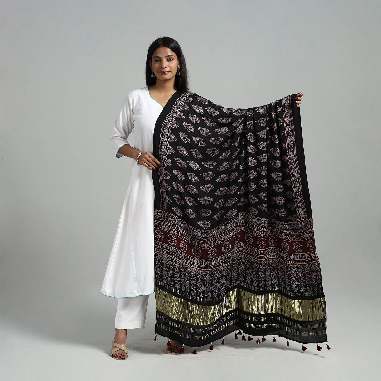 Black - Modal Silk Block Print Ajrakh Dupatta 05