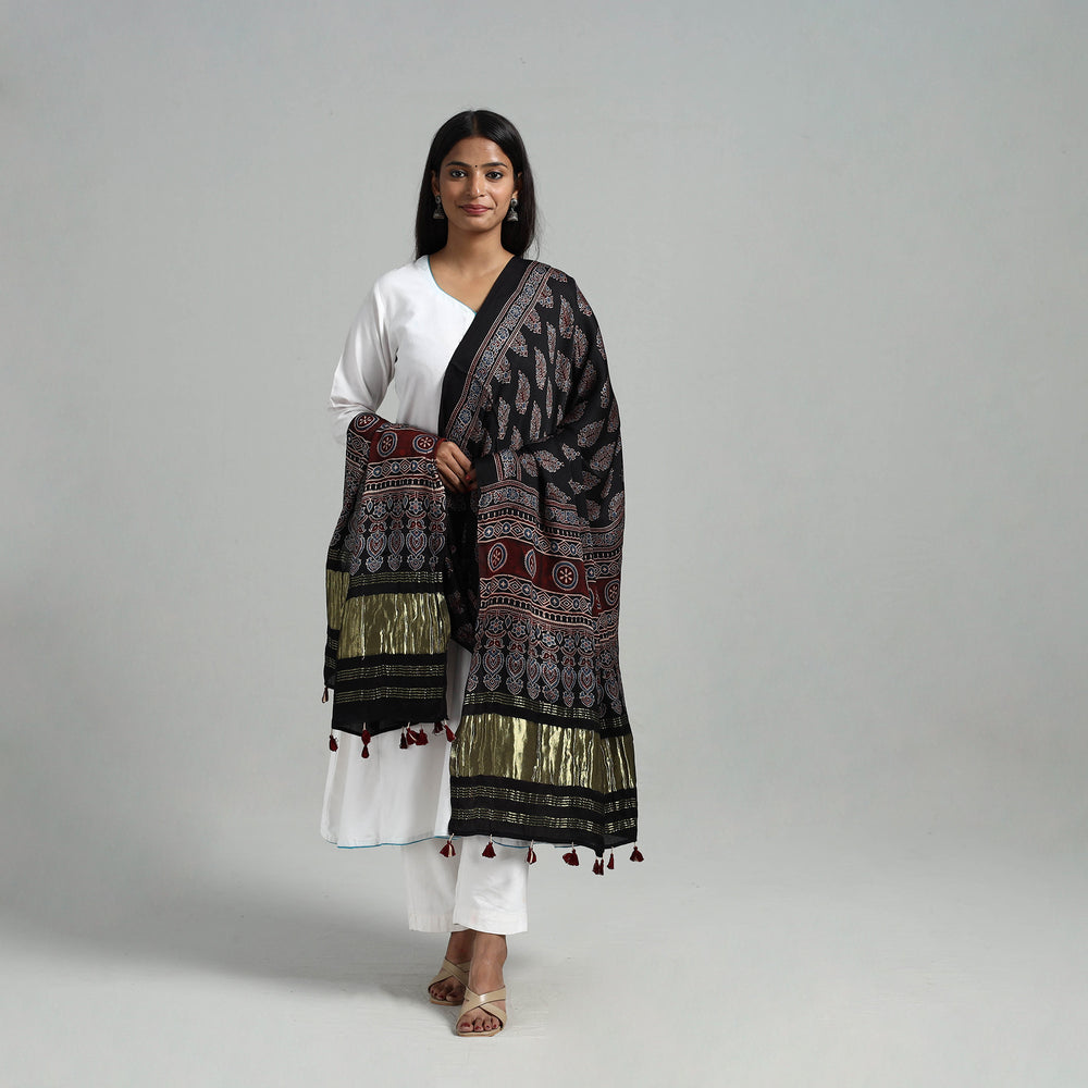 Black - Modal Silk Block Print Ajrakh Dupatta 05