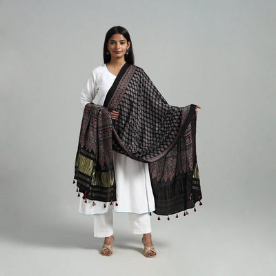 Black - Modal Silk Block Print Ajrakh Dupatta 06