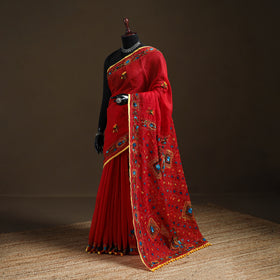 Red - Phulkari Hand Embroidery Chapa Work Chanderi Silk Saree 12
