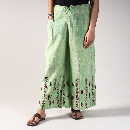 Green - Bengal Khesh Weaving Kantha Embroidery Cotton Palazzo
