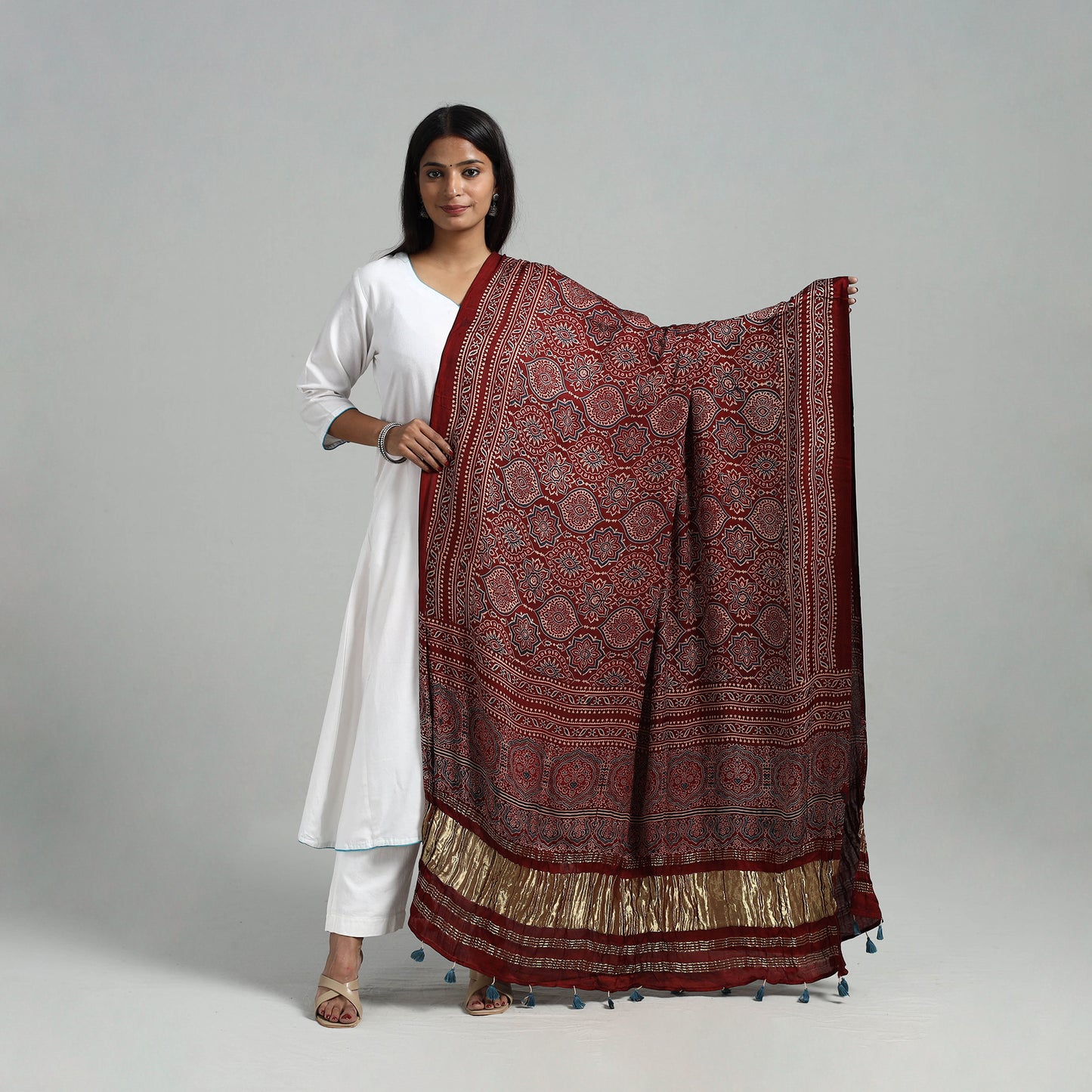 Red - Modal Silk Block Print Ajrakh Dupatta 07