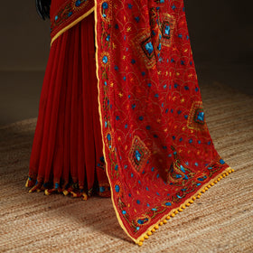 Red - Phulkari Hand Embroidery Chapa Work Chanderi Silk Saree 12