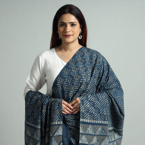 Blue - Akola Dabu Block Printed Mul Cotton Dupatta 59