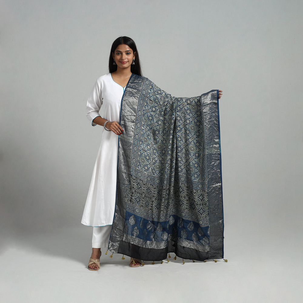 Blue - Dola Silk Block Print Ajrakh Dupatta 08