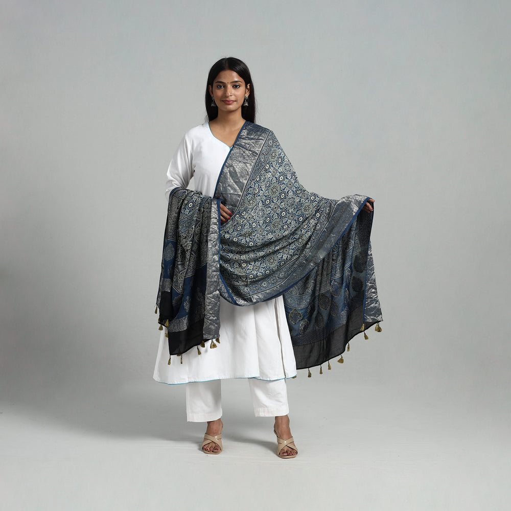 Blue - Dola Silk Block Print Ajrakh Dupatta 08