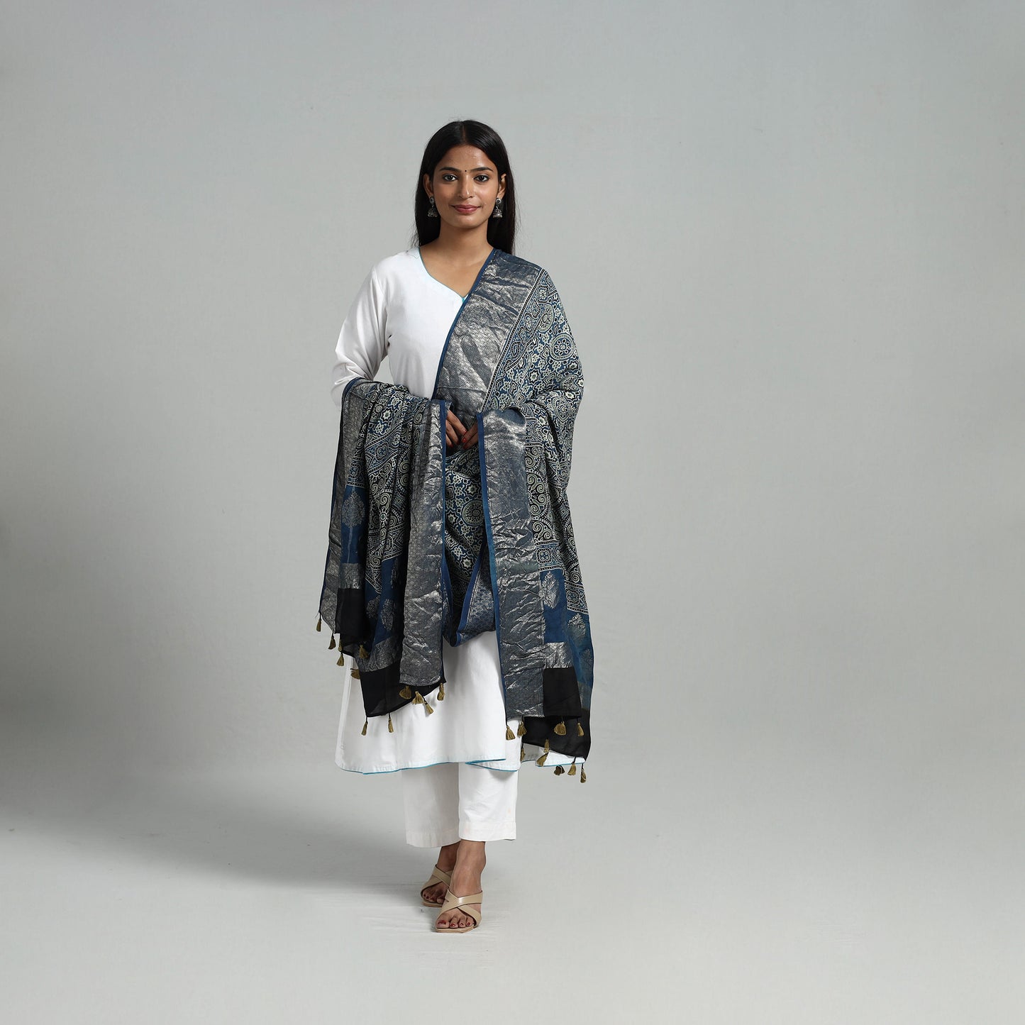 Blue - Dola Silk Block Print Ajrakh Dupatta 08