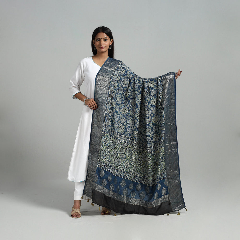 Blue - Dola Silk Block Print Ajrakh Dupatta 09