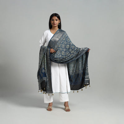 Blue - Dola Silk Block Print Ajrakh Dupatta 09