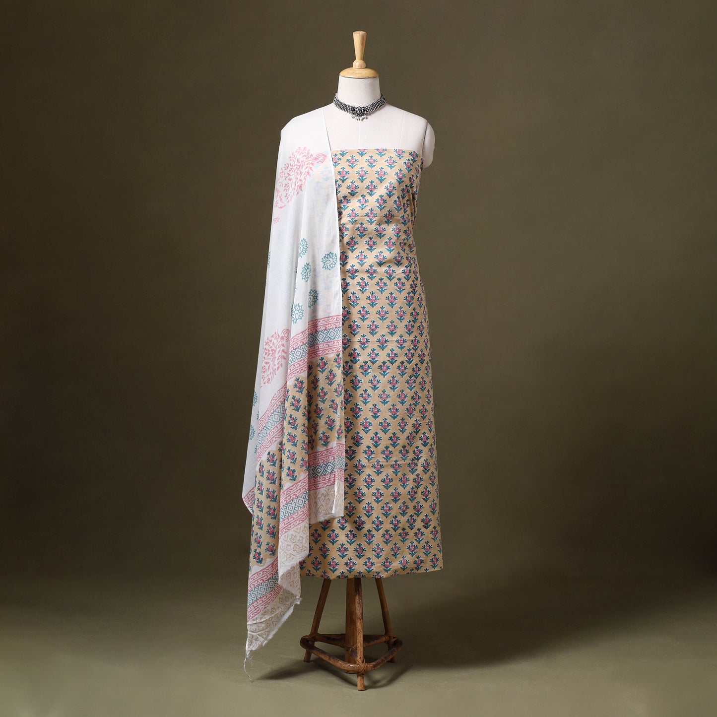 Beige - 3pc cotton sanganeri unstitched dress material 04