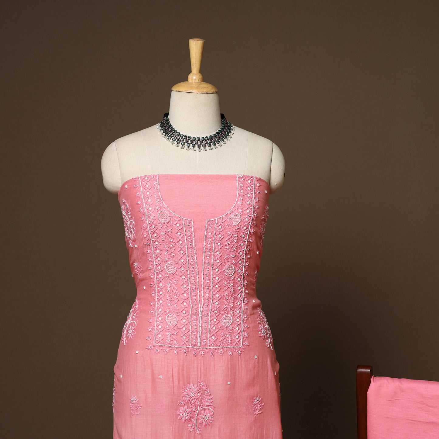 Pink - 3pc chanderi silk unstitched hand beads work heavy