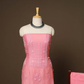 Pink - 3pc chanderi silk unstitched hand beads work heavy