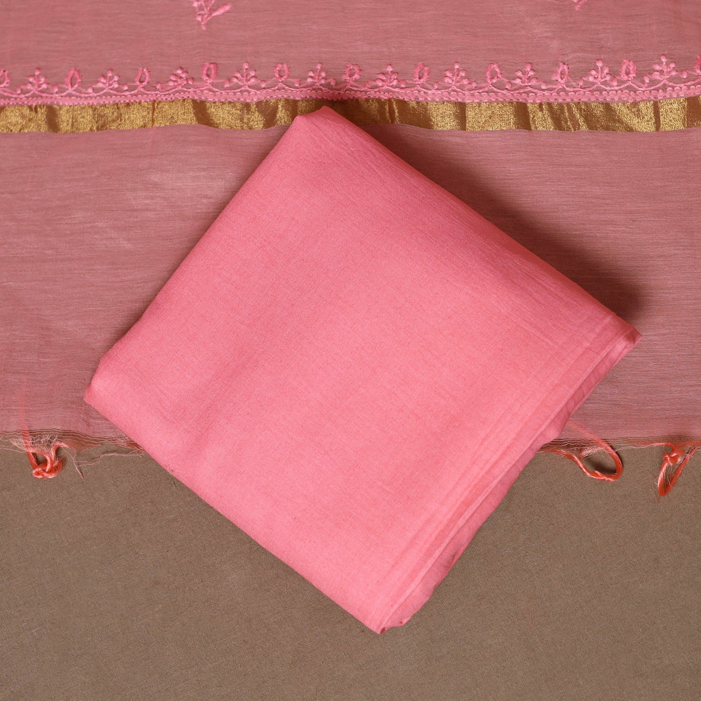 Pink - 3pc chanderi silk unstitched hand beads work heavy