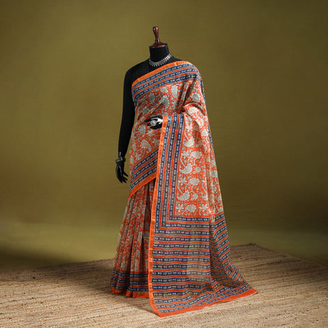 Orange - Sanganeri Hand Block Print Kota Doria Cotton Saree 01