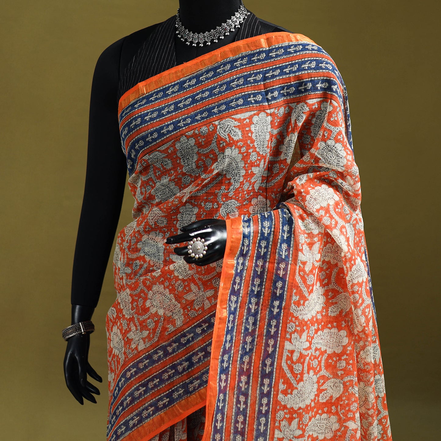 Orange - Sanganeri Hand Block Print Kota Doria Cotton Saree 01