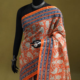 Orange - Sanganeri Hand Block Print Kota Doria Cotton Saree 01