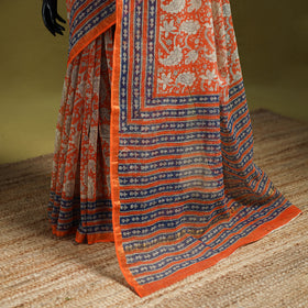Orange - Sanganeri Hand Block Print Kota Doria Cotton Saree 01