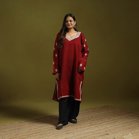 Pink - Handwoven Sozni Hand Embroidered Kashmiri Merino Wool Pheran 44