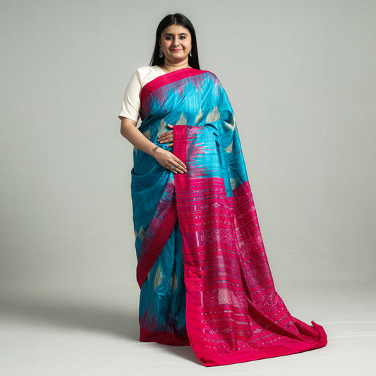 Blue - Gopalpur Pure Handspun Tussar Silk Ikat Handloom Saree