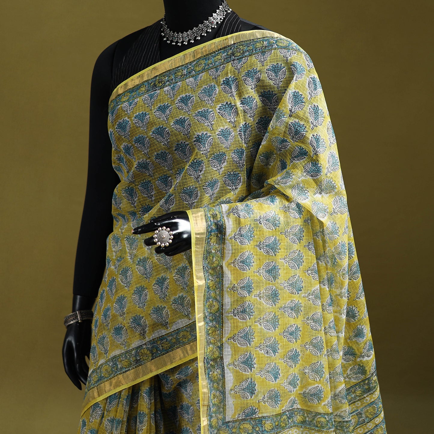 Yellow - Sanganeri Hand Block Print Kota Doria Cotton Saree 02
