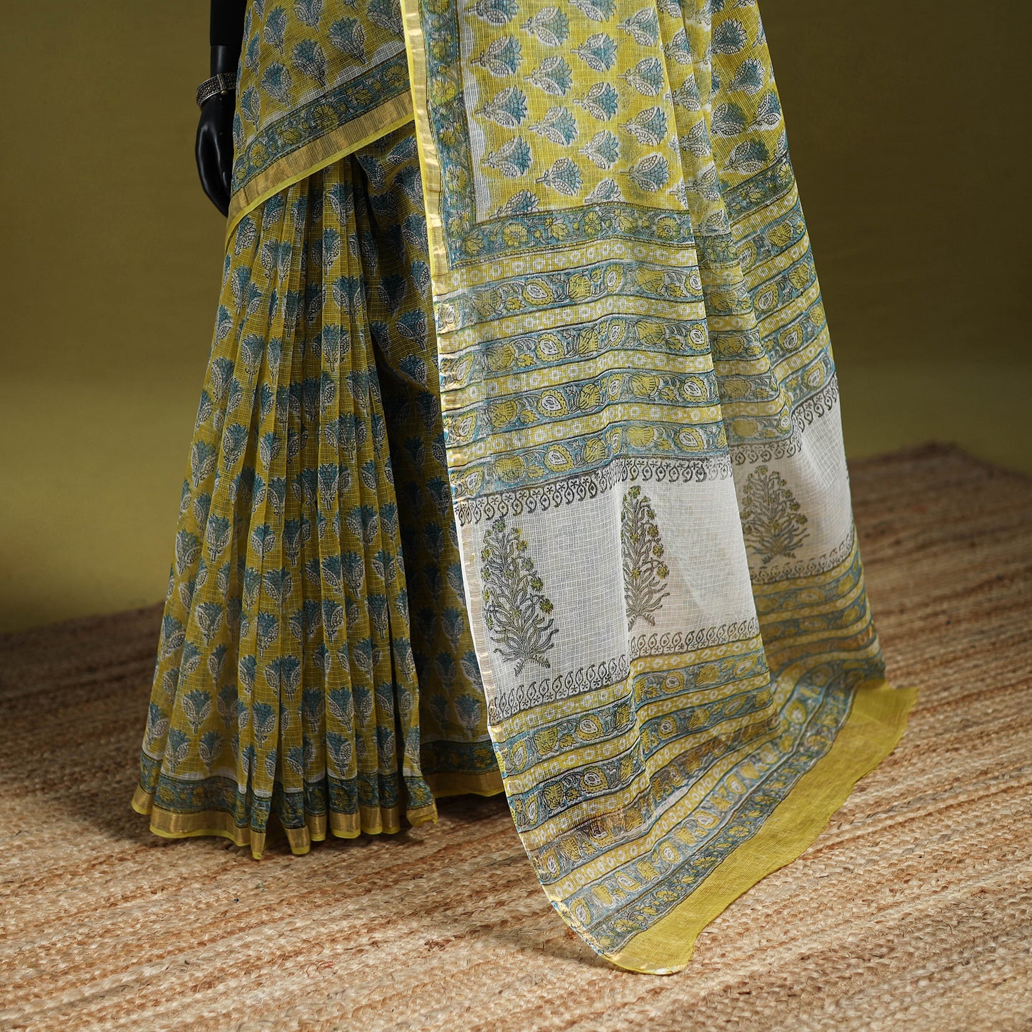 Yellow - Sanganeri Hand Block Print Kota Doria Cotton Saree 02