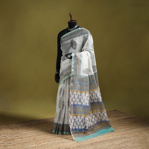 White - Sanganeri Hand Block Print Kota Doria Cotton Saree 03