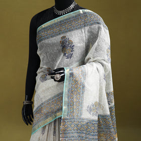 White - Sanganeri Hand Block Print Kota Doria Cotton Saree 03