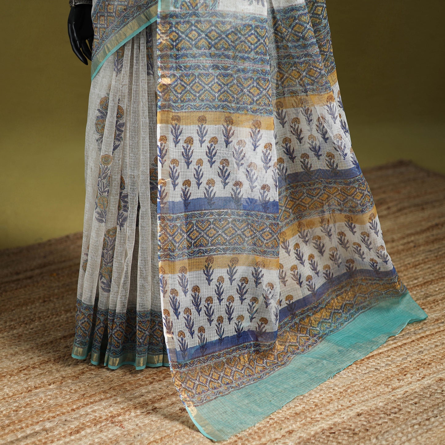 White - Sanganeri Hand Block Print Kota Doria Cotton Saree 03