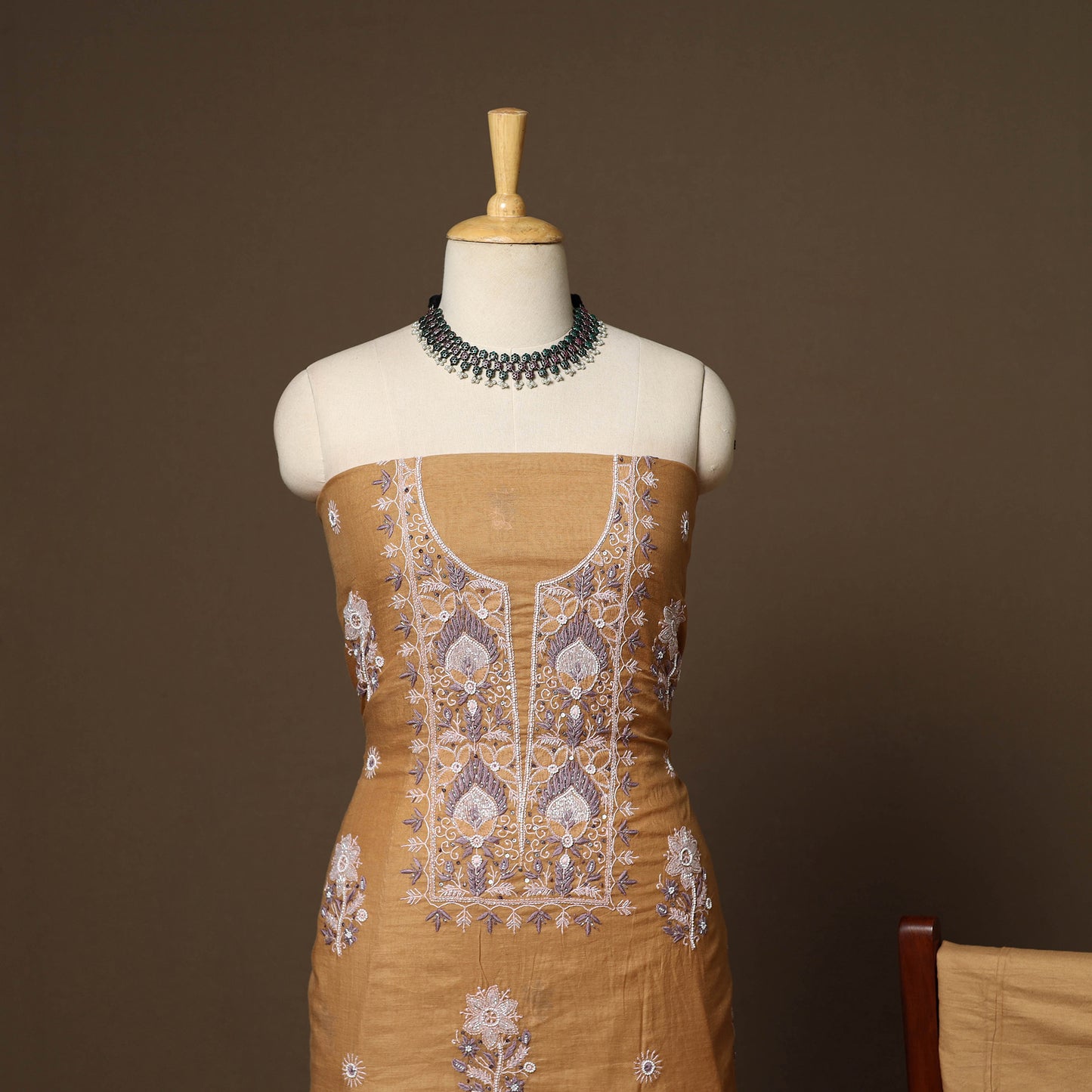 Brown - 3pc chanderi silk unstitched hand beads work heavy