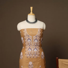 Brown - 3pc chanderi silk unstitched hand beads work heavy