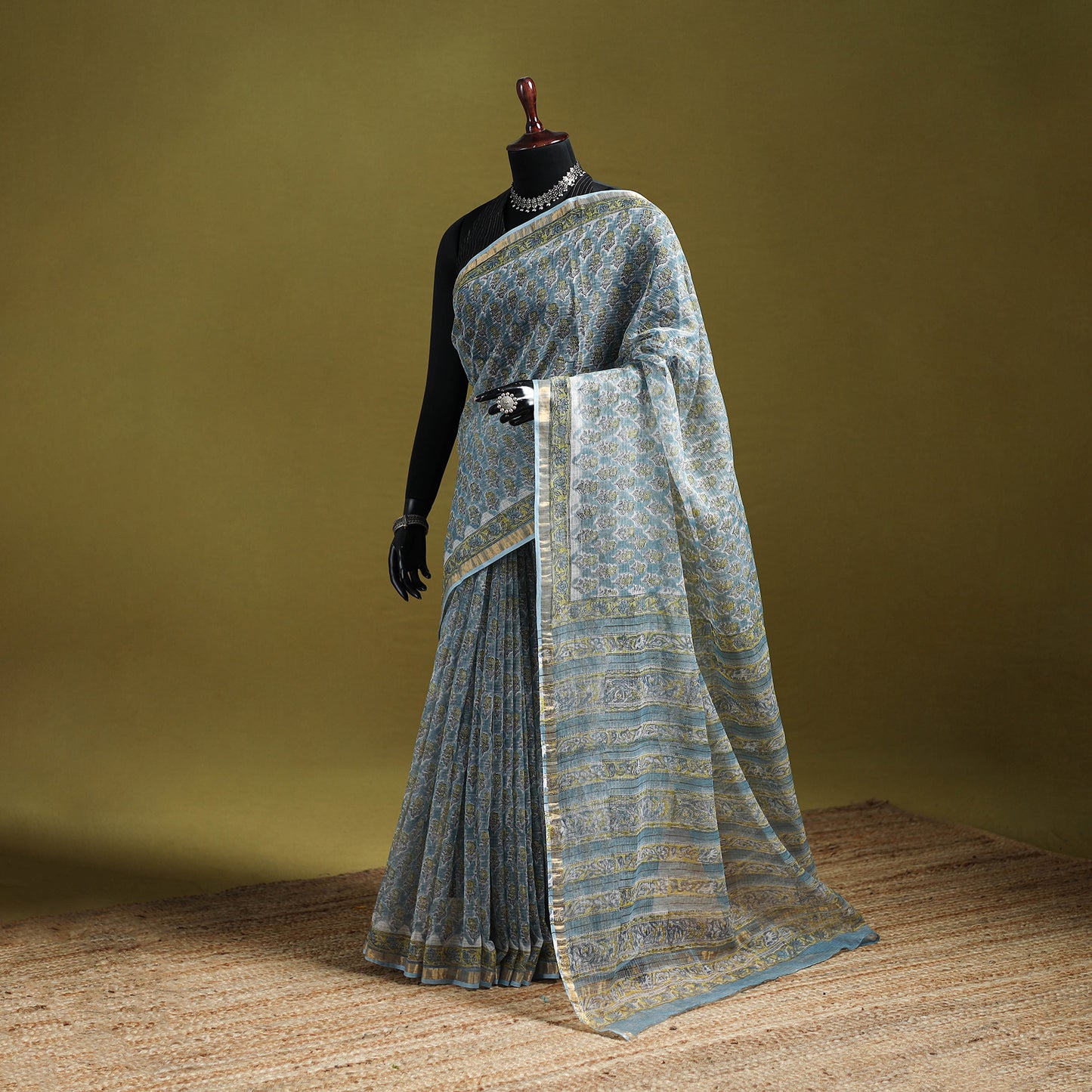 Blue - Sanganeri Hand Block Print Kota Doria Cotton Saree 04