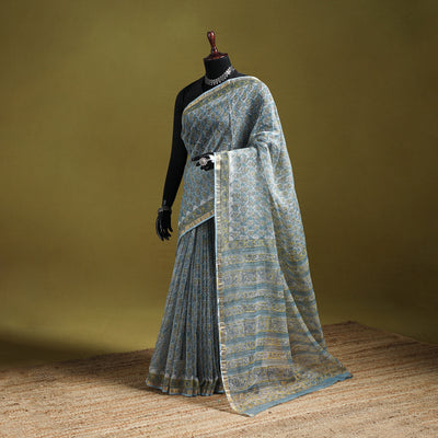 Blue - Sanganeri Hand Block Print Kota Doria Cotton Saree 04