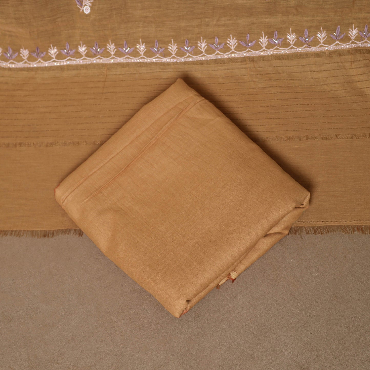 Brown - 3pc chanderi silk unstitched hand beads work heavy